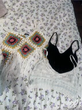 Three Dots Multicolor Crochet Fringe Camisole with Black and White Knit Tops